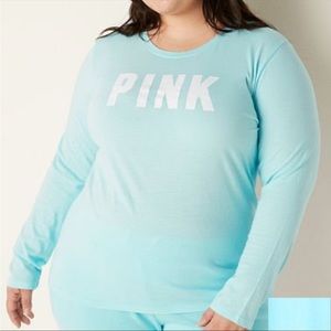 💗VS PINK BABY BLUE LOGO CAMPUS LONG SLEEVE TEE